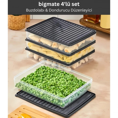 bigmate 4'lü Şeffaf Saklama Kabı Siyah 4x2,5 Lt BGMT2525 Mikrodalga Buzdolabı ve Dondurucu Uyumlu Dü