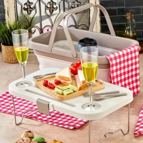 bigmate Portatif Katlanır Piknik Seti Krem 25Lt Silikon Sepetli Masalı Piknik Sepeti