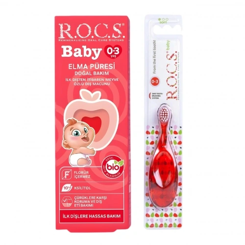 R.O.C.S Baby 0-3 Yaş Elma Püresi Tadında Diş Macunu 45g ve Diş Fırçası Seti - Kırmızı