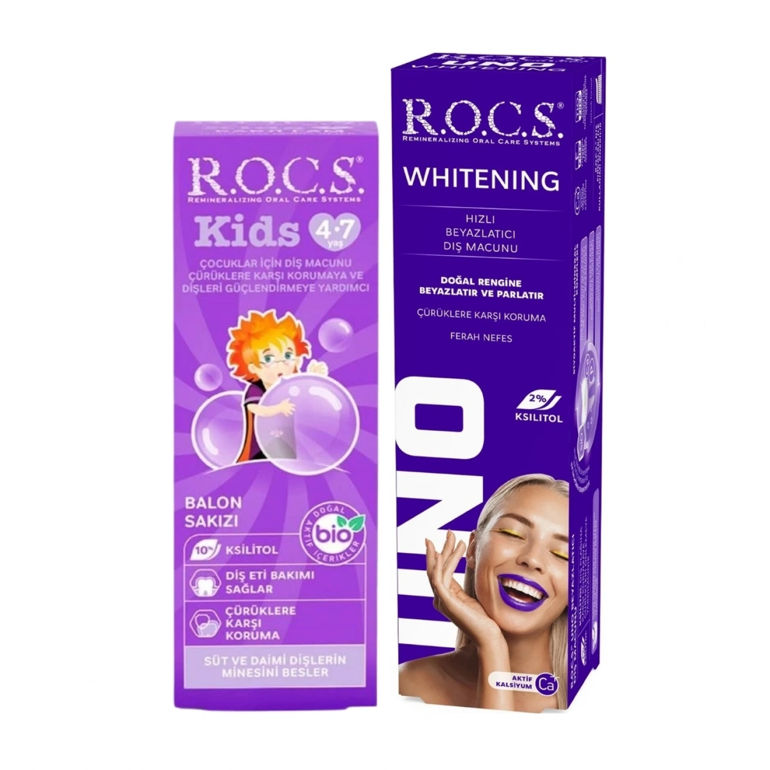 R.O.C.S Anne & Çocuk Diş Bakım Seti – Uno Beyazlatıcı & Balon Sakızı (4-7 Yaş)