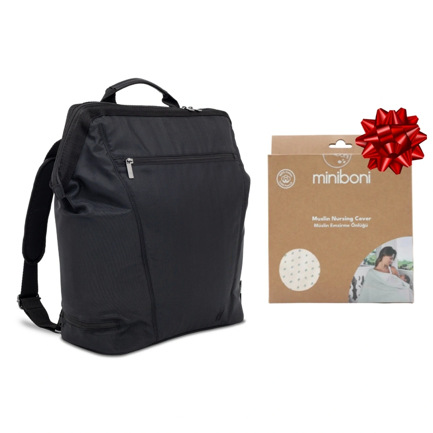 Nikidom Anne Bebek Bakım Çantası - Siyah | Miniboni Müslin Emzirme Örtüsü Hediye