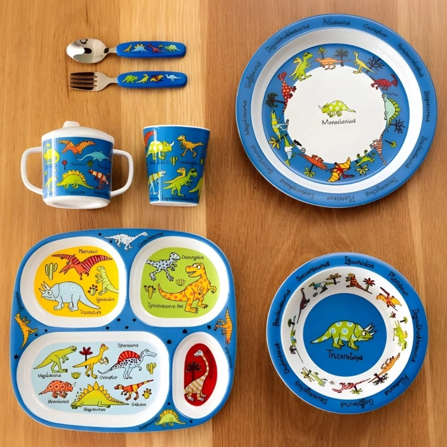 Tyrrell Katz Melamin Mama Kasesi - Alıştırma Bardağı - Kutulu Çatal Kaşık Seti // Dino