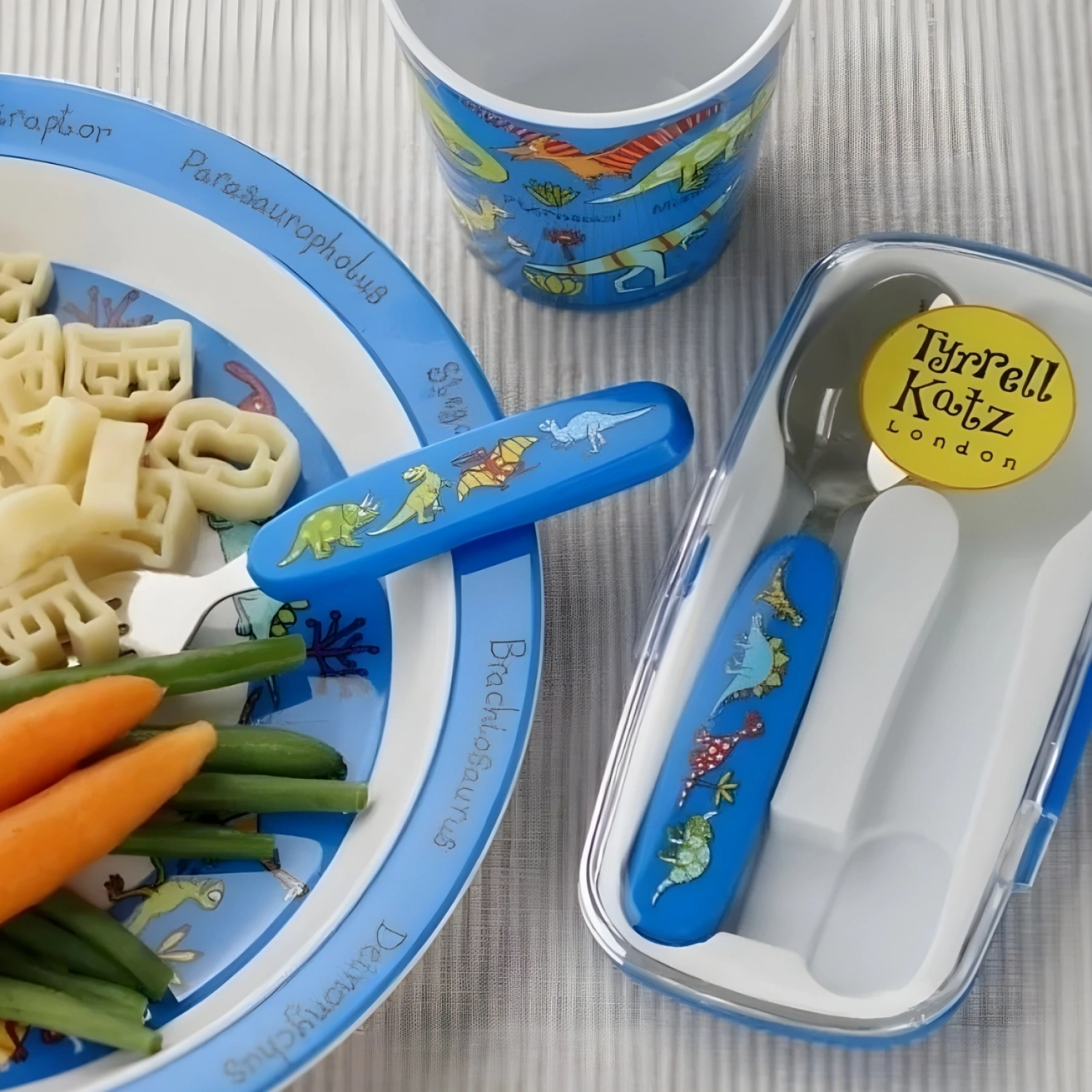 Tyrrell Katz Melamin Mama Kasesi - Alıştırma Bardağı - Kutulu Çatal Kaşık Seti // Dino
