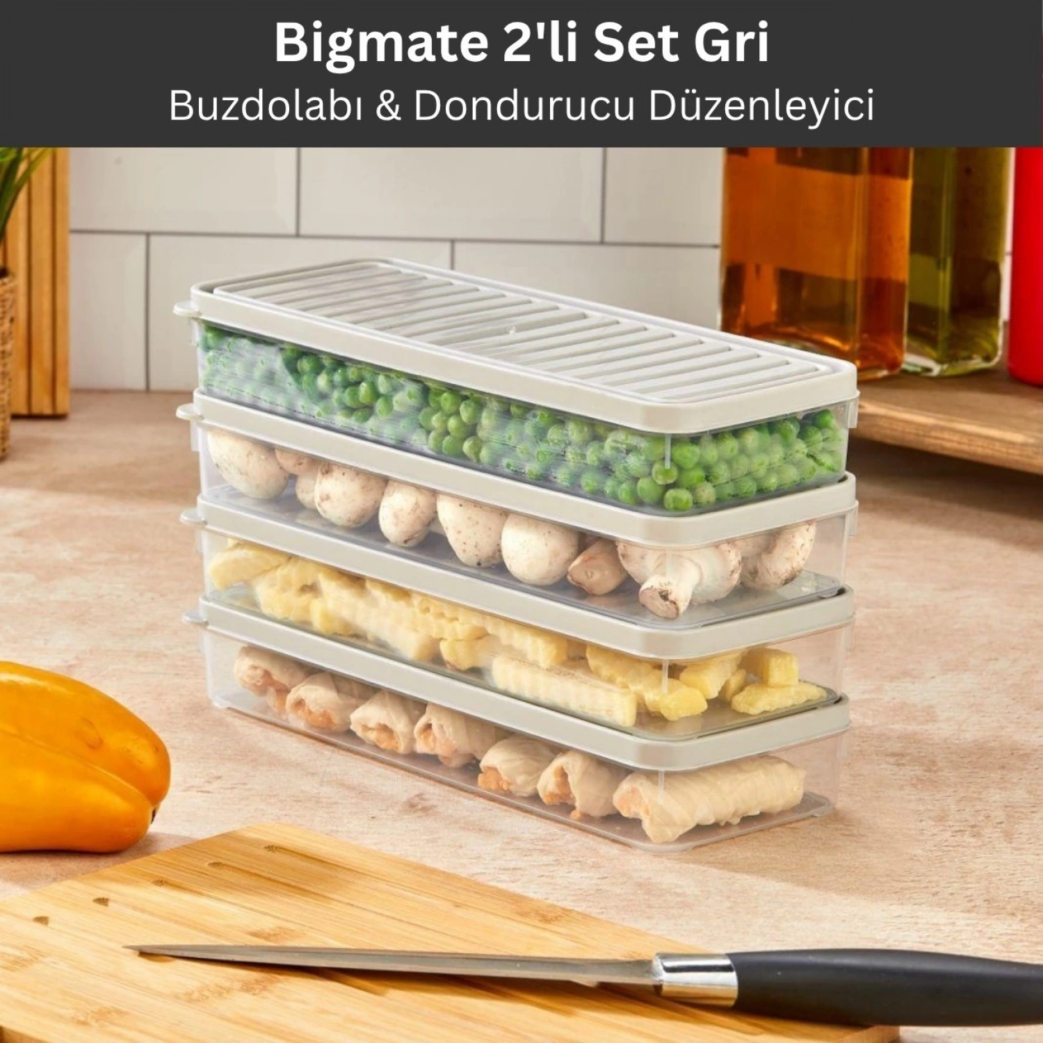 bigmate 2li Şeffaf Saklama Kabı Gri 2x1 Lt BGMT1115 Mikrodalga Buzdolabı ve Dondurucu Uyumlu Düzenl