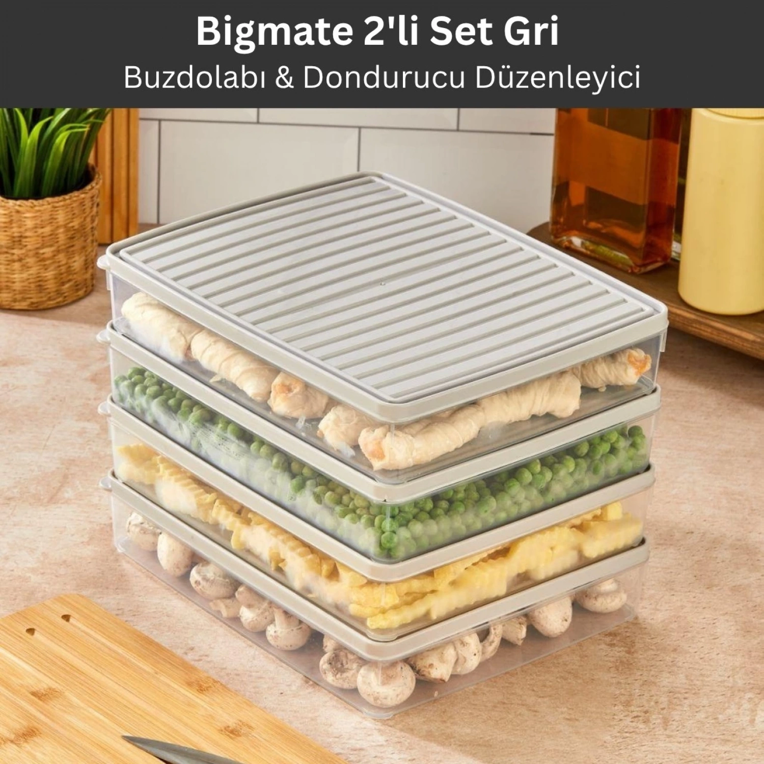 bigmate 2li Şeffaf Saklama Kabı Gri 2x2,5 Lt BGMT2225 Mikrodalga Buzdolabı ve Dondurucu Uyumlu Düze