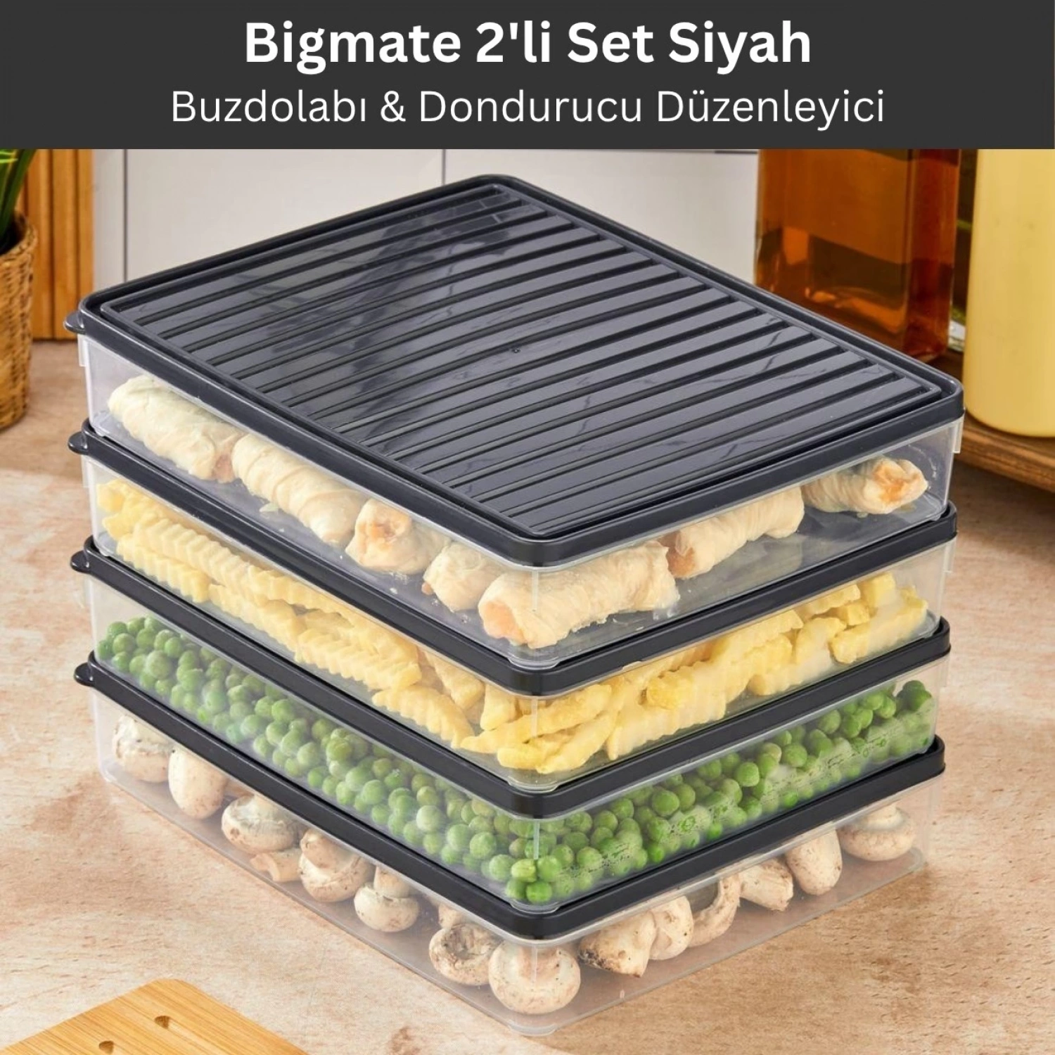 bigmate 2li Şeffaf Saklama Kabı Siyah 2x2,5 Lt BGMT2225 Mikrodalga Buzdolabı ve Dondurucu Uyumlu Dü