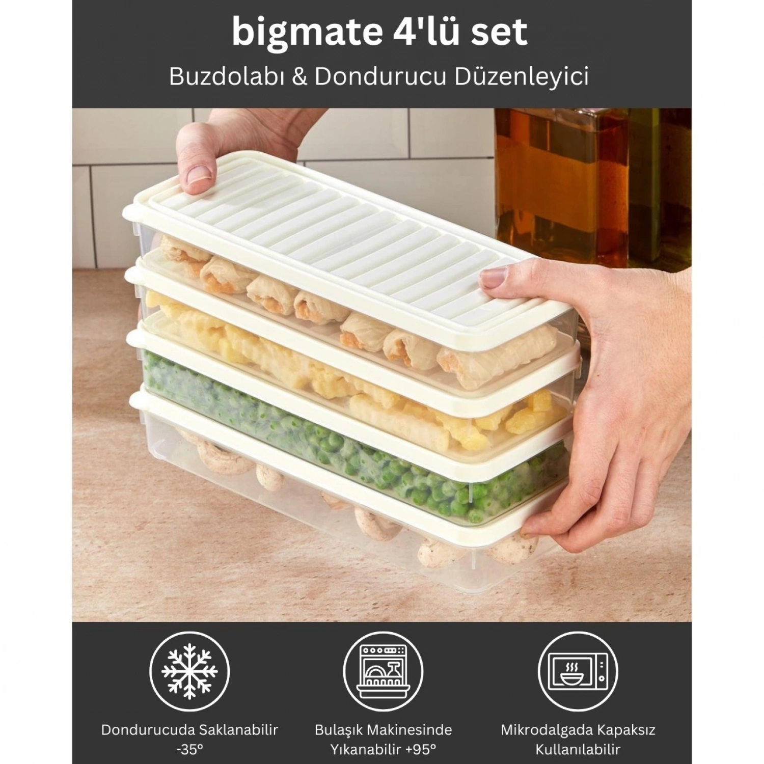 bigmate 4lü Şeffaf Saklama Kabı Beyaz 4x1 Lt BGMT1515 Mikrodalga Buzdolabı ve Dondurucu Uyumlu Düze