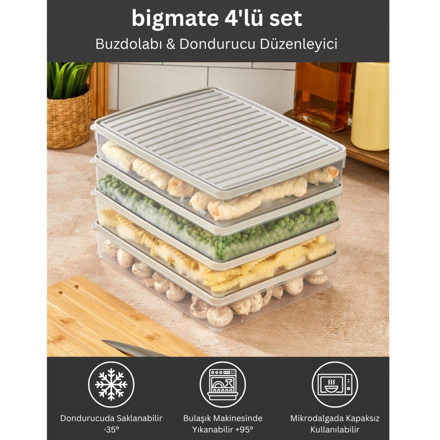bigmate 4lü Şeffaf Saklama Kabı Gri 4x2,5 Lt BGMT2525 Mikrodalga Buzdolabı ve Dondurucu Uyumlu Düze