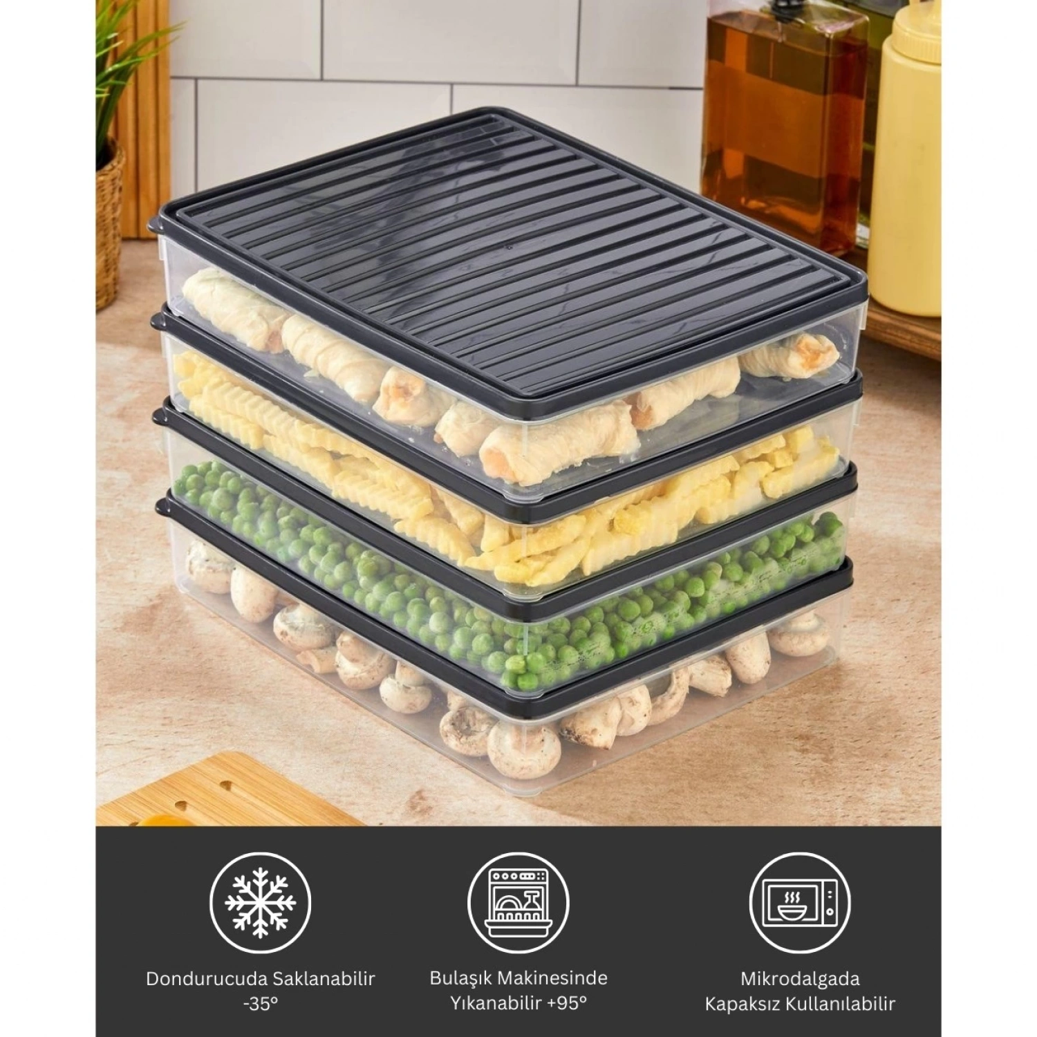 bigmate 4lü Şeffaf Saklama Kabı Siyah 4x2,5 Lt BGMT2525 Mikrodalga Buzdolabı ve Dondurucu Uyumlu Dü