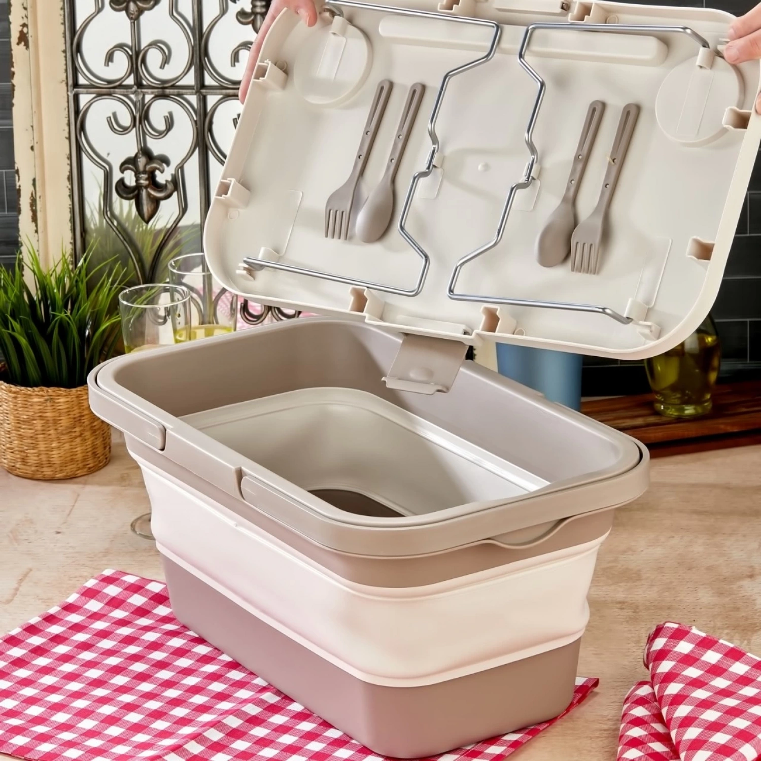 bigmate Portatif Katlanır Piknik Seti Krem 25Lt Silikon Sepetli Masalı Piknik Sepeti