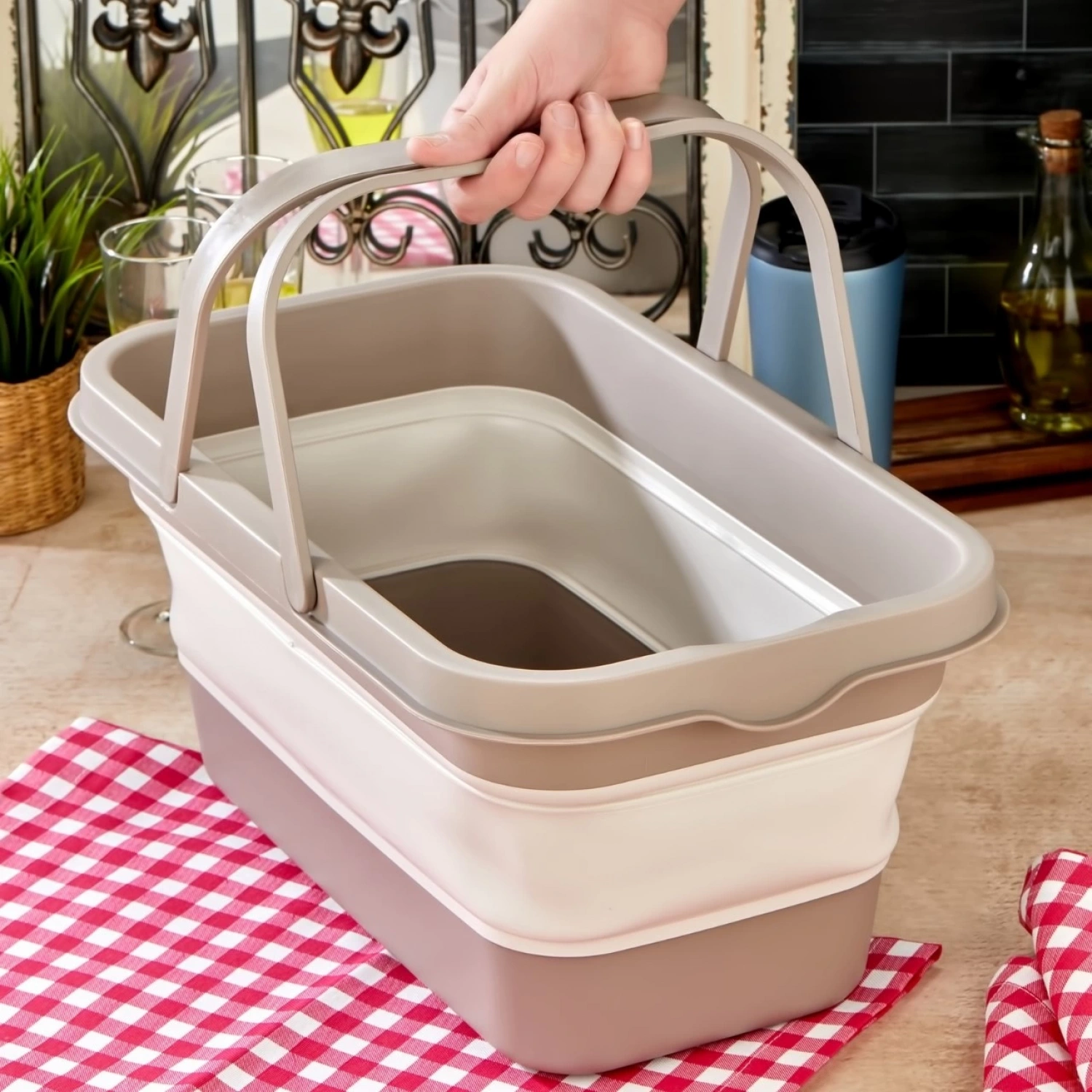 bigmate Portatif Katlanır Piknik Seti Krem 25Lt Silikon Sepetli Masalı Piknik Sepeti