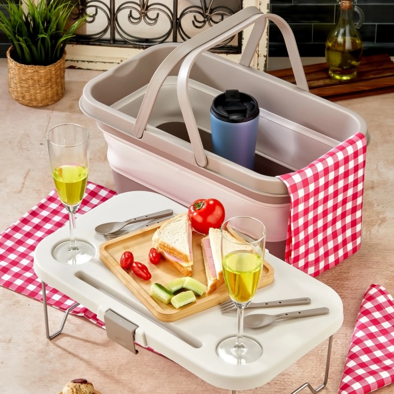 bigmate Portatif Katlanır Piknik Seti Krem 25Lt Silikon Sepetli Masalı Piknik Sepeti