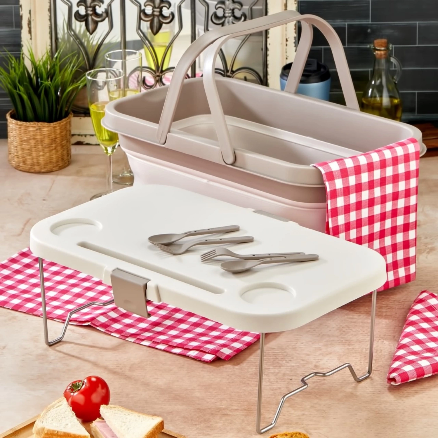 bigmate Portatif Katlanır Piknik Seti Krem 25Lt Silikon Sepetli Masalı Piknik Sepeti