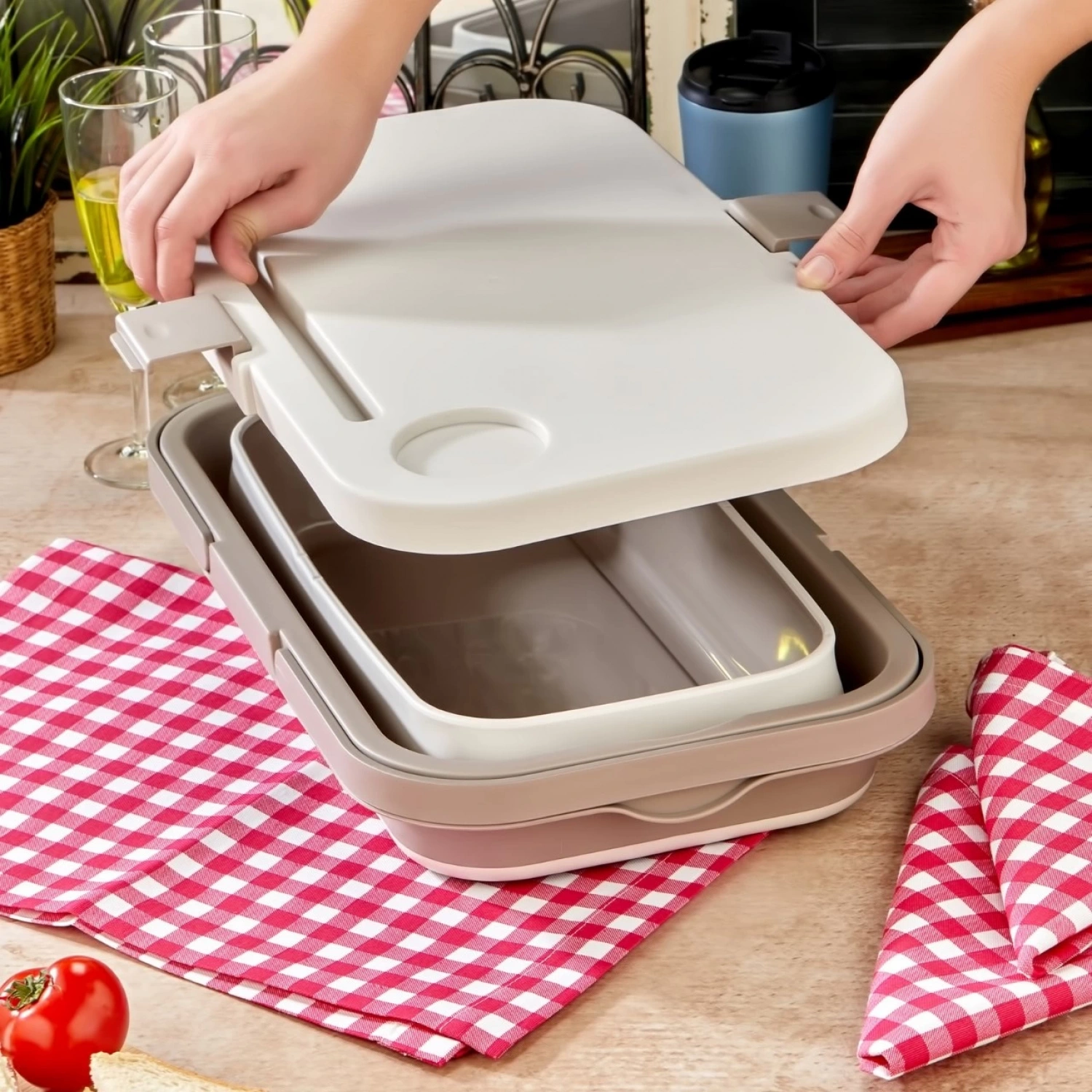 bigmate Portatif Katlanır Piknik Seti Krem 25Lt Silikon Sepetli Masalı Piknik Sepeti