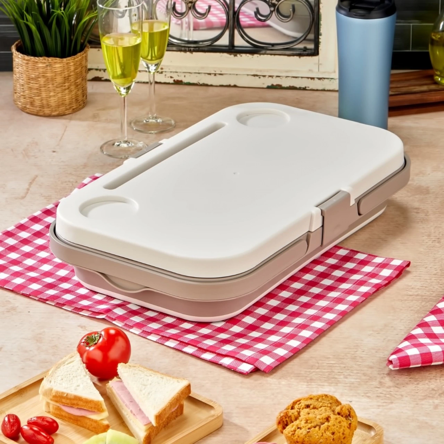 bigmate Portatif Katlanır Piknik Seti Krem 25Lt Silikon Sepetli Masalı Piknik Sepeti