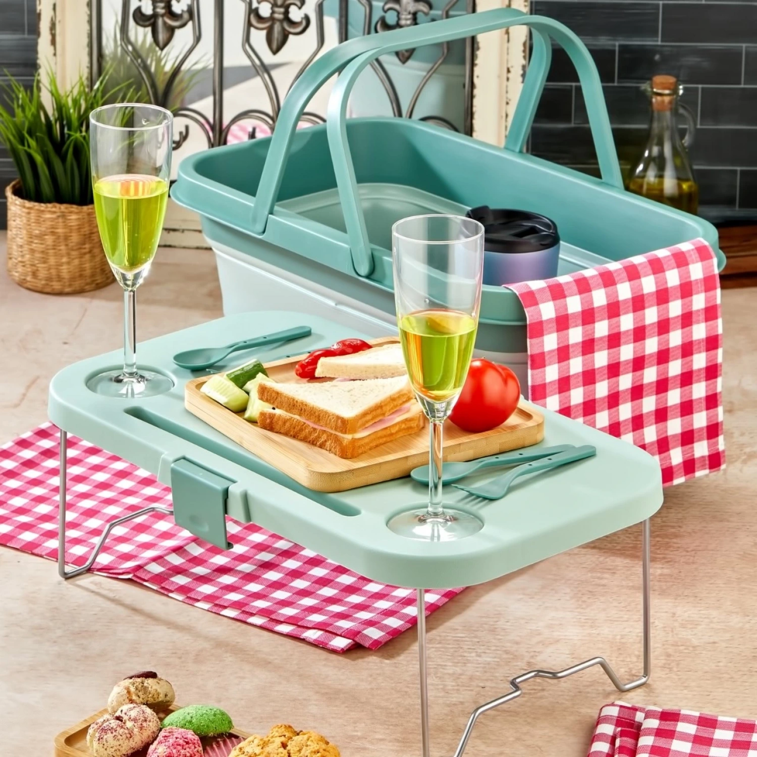 bigmate Portatif Katlanır Piknik Seti Yeşil 25Lt Silikon Sepetli Masalı Piknik Sepeti