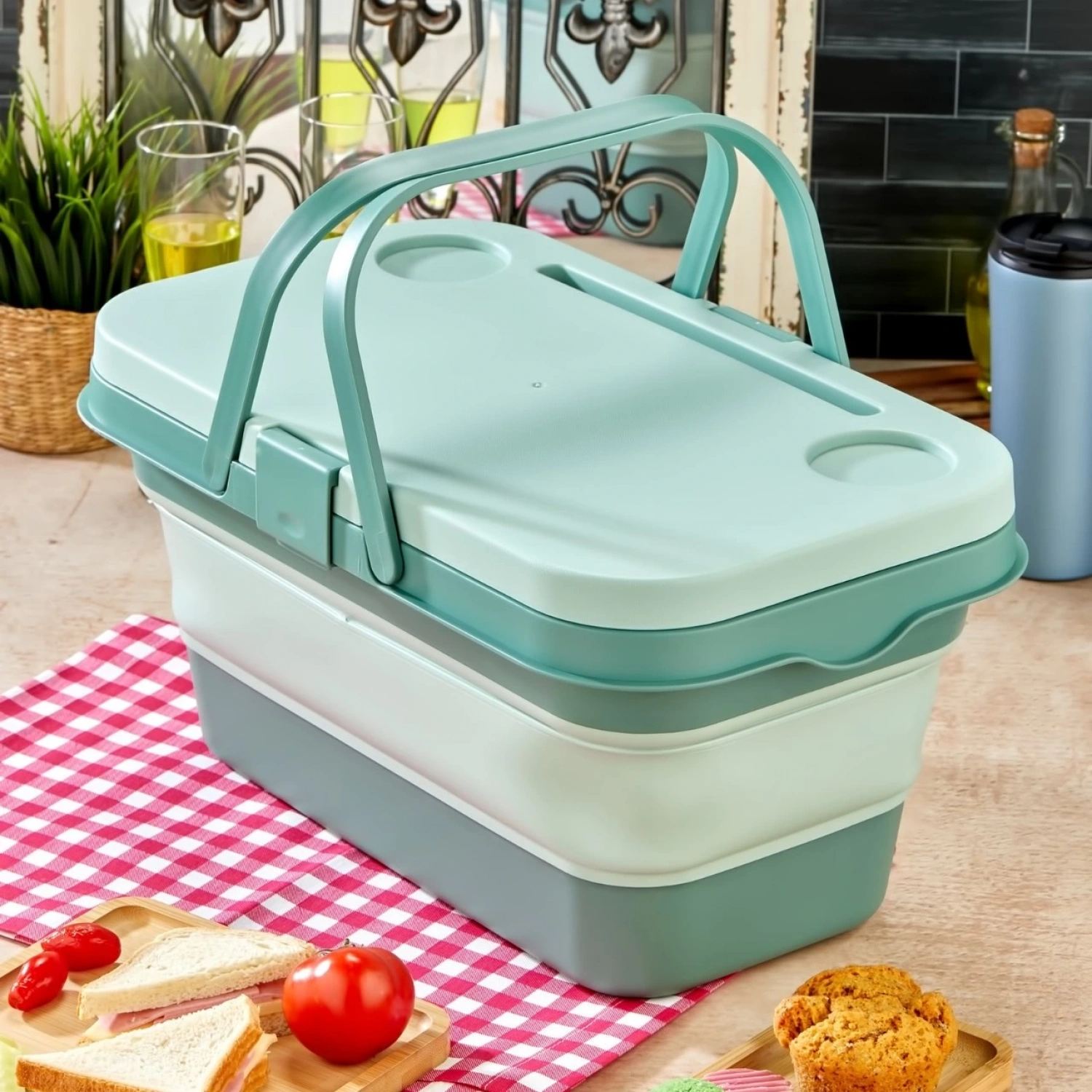 bigmate Portatif Katlanır Piknik Seti Yeşil 25Lt Silikon Sepetli Masalı Piknik Sepeti