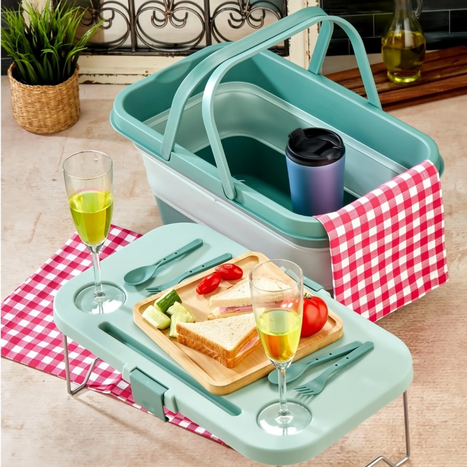 bigmate Portatif Katlanır Piknik Seti Yeşil 25Lt Silikon Sepetli Masalı Piknik Sepeti