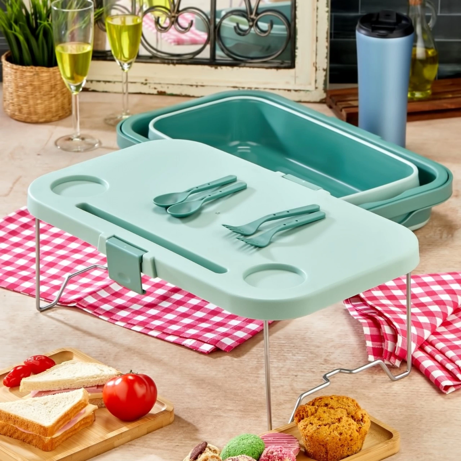 bigmate Portatif Katlanır Piknik Seti Yeşil 25Lt Silikon Sepetli Masalı Piknik Sepeti