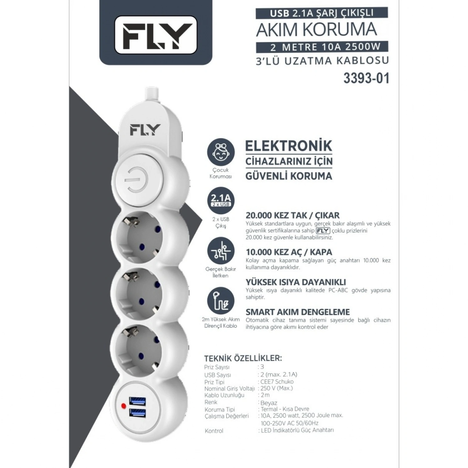 FLY FLY-3393-01 Akım Korumalı 3lü Priz 2 USB 2m 2.1A Uzatma Kablosu