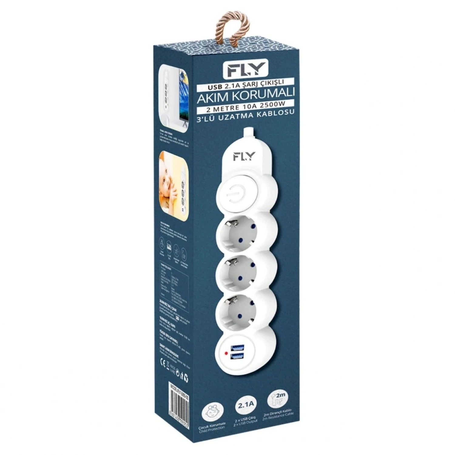 FLY FLY-3393-01 Akım Korumalı 3lü Priz 2 USB 2m 2.1A Uzatma Kablosu