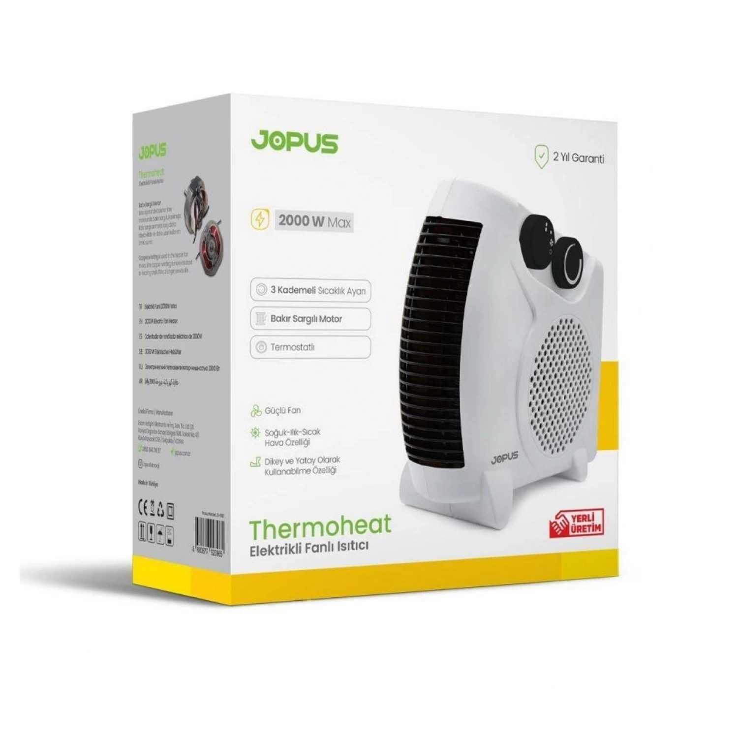 Jopus 2000W Isıtıcı Fan Termostatlı, Sıcak-Soğuk Hızlı Isıtma, 25 m² Alan Kapasitesi