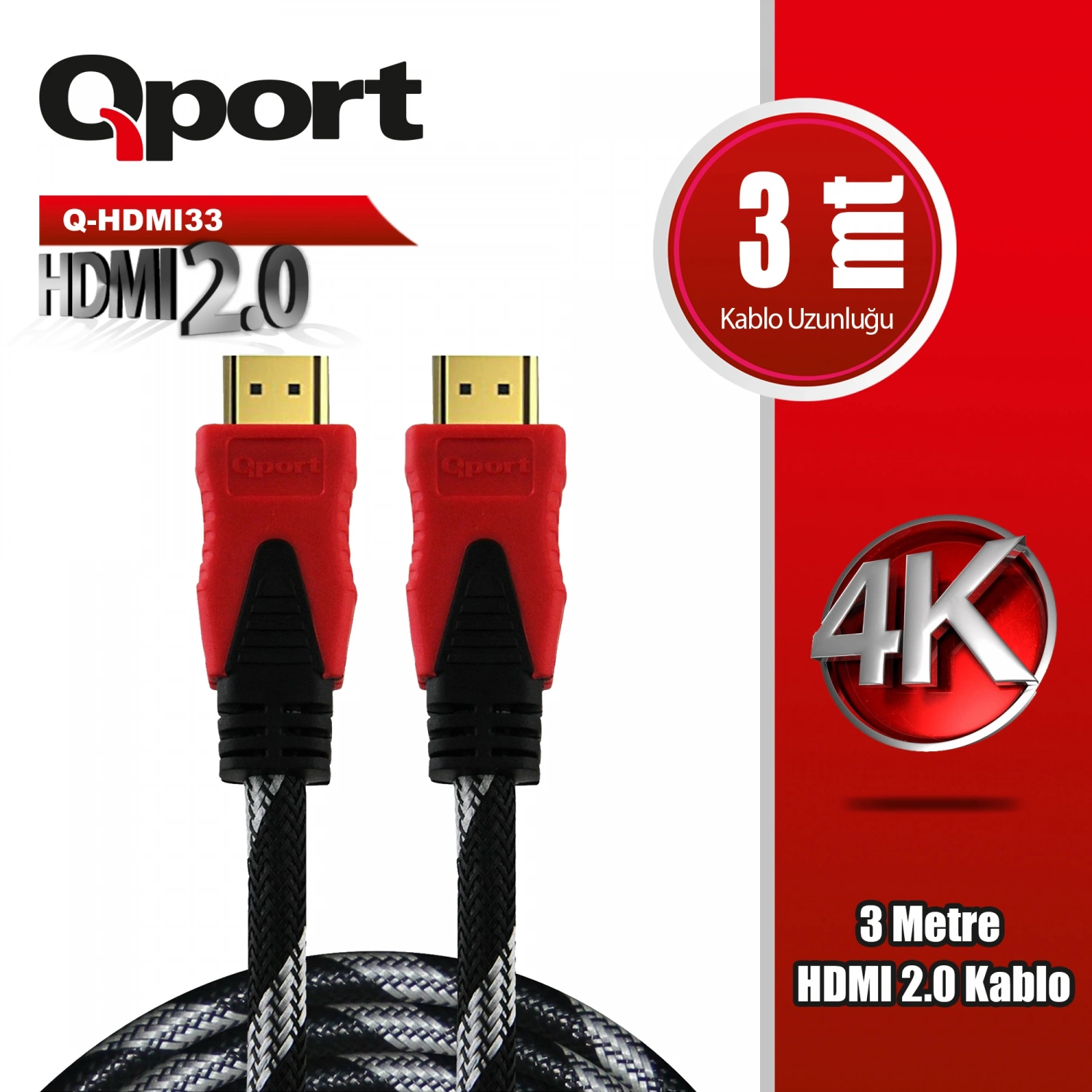 QPORT Q-HDMI33 3 METRE 2.0V 4K  ALTIN UÇLU ÖRGÜLÜ KABLO