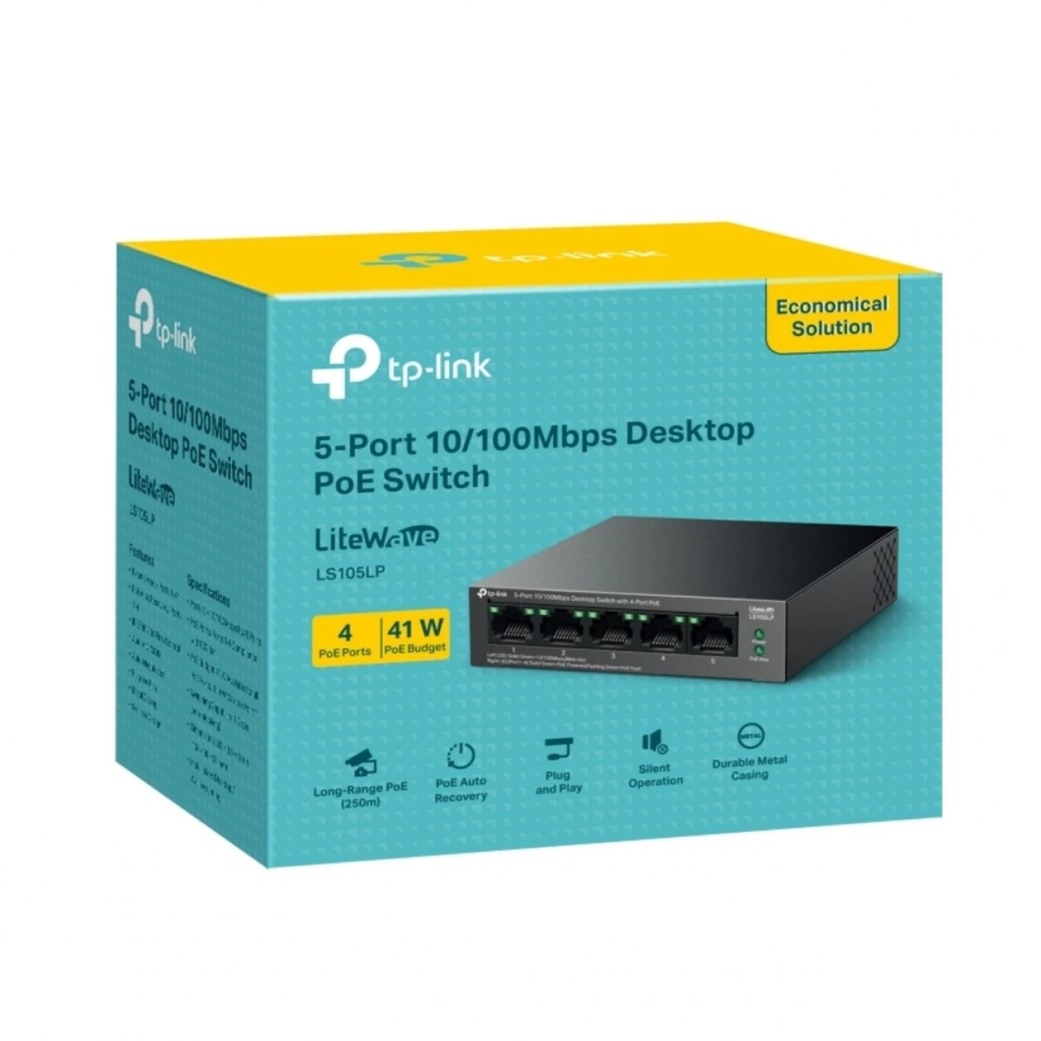 TP-Link LS105LP 5-Port 10/100Mbps 4 Port PoE 41W Güç 250m PoE Mesafesi Metal Kasa Masaüstü Switch