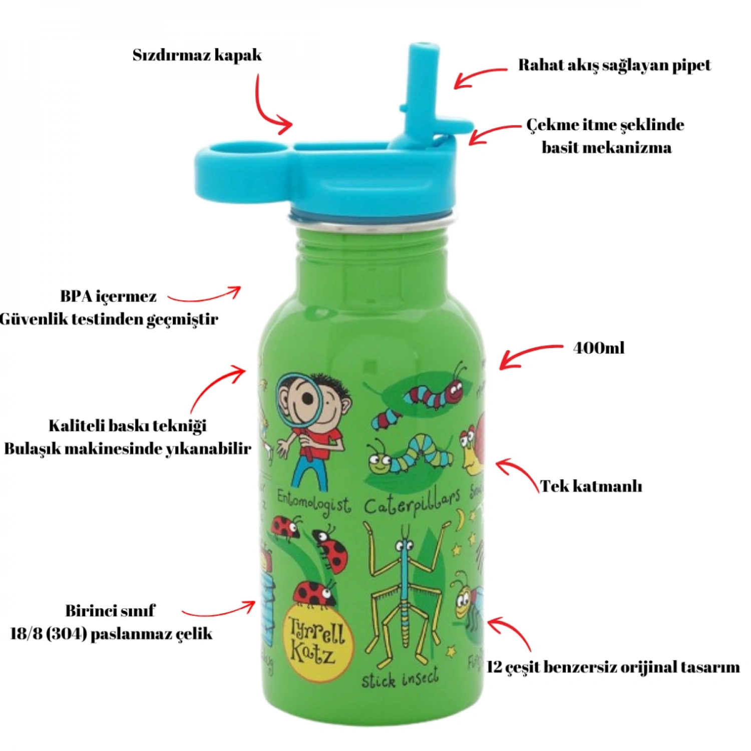 Tyrrell Katz Pipetli Çelik Matara 400ml - Bugs