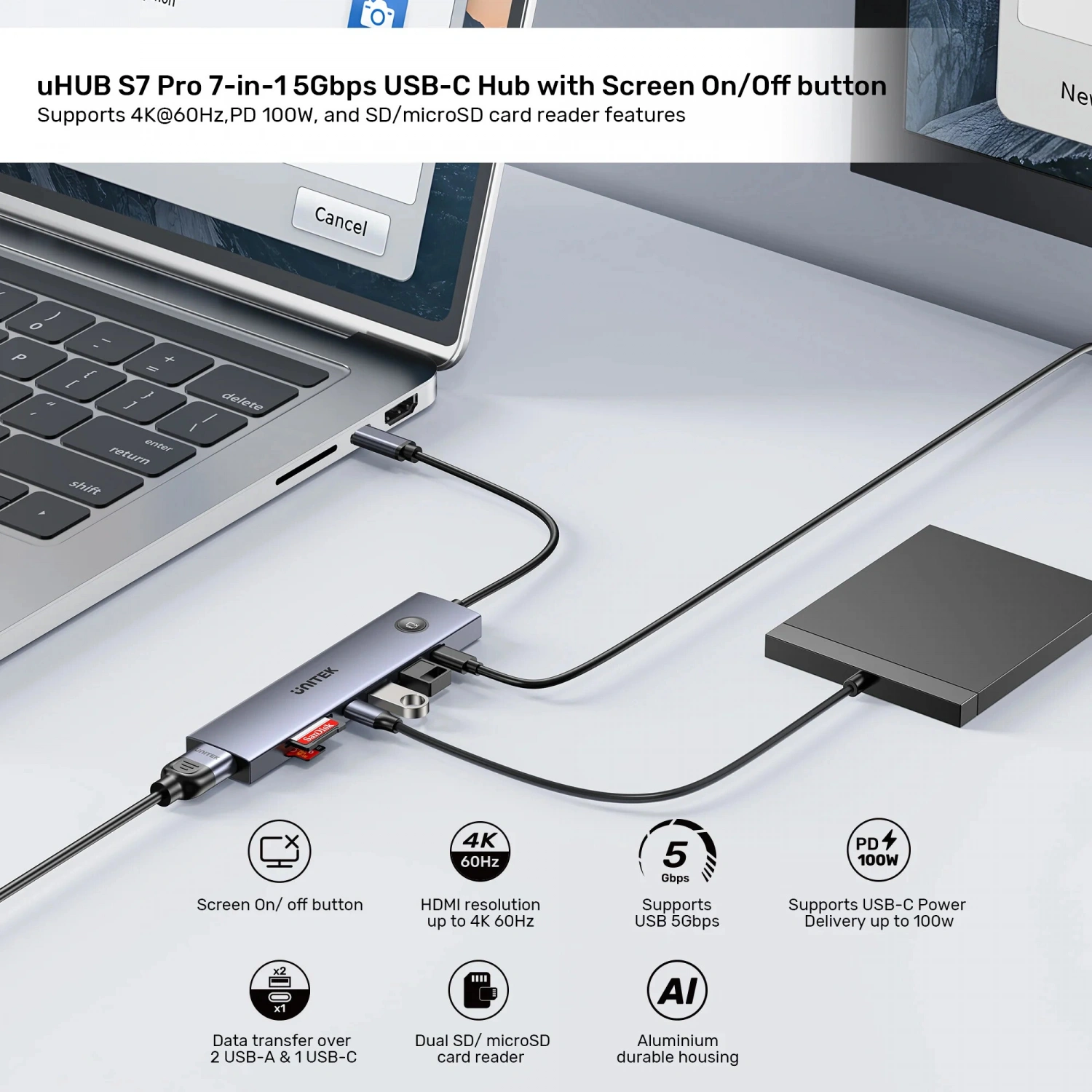 UNITEK UHUB S7 PRO 7-IN-1 5GBPS USB-C HUB (H1124AGY01)