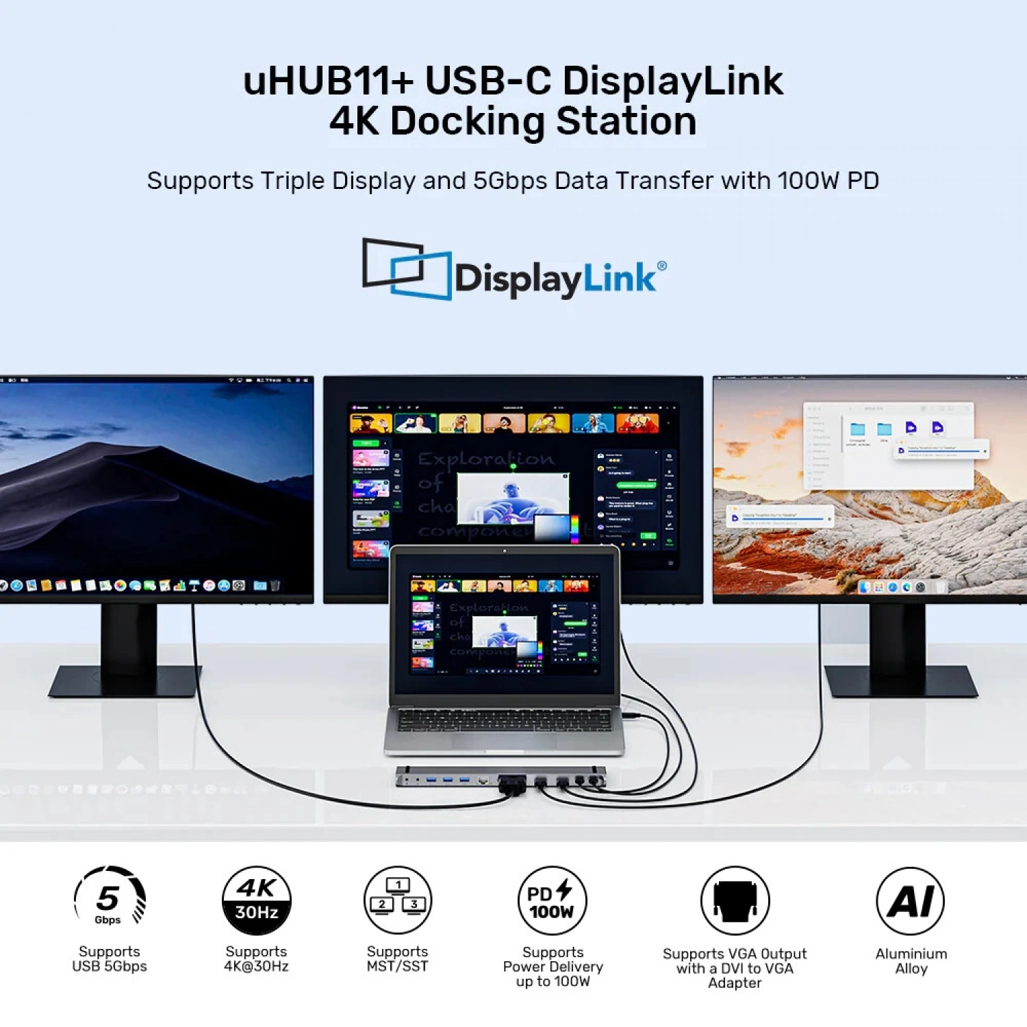 UNITEK UHUB11+ USB-C DISPLAYLINK 4K BAGLANTI ISTASYONU (D1147AGY01)
