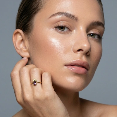 Mürdüm Moru Damla Taşlı Pırlanta Yüzük