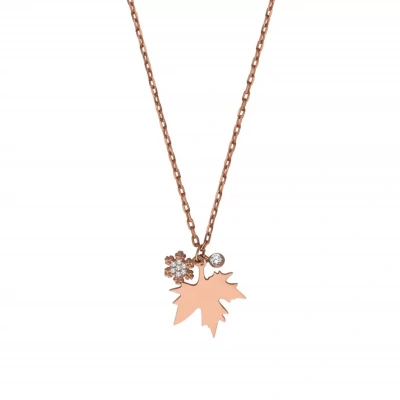 Çınar Yaprağı ve Taşlı Kar Taneli Modern Gümüş Kolye