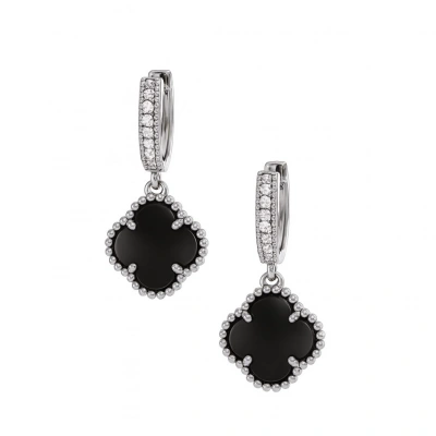 Siyah Taşlı Yonca Sallantılı Gümüş Küpe