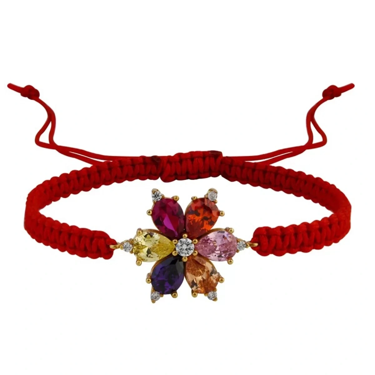 Renkli Taşlı Çiçek Kırmızı Makrome Örgülü Gümüş Bileklik