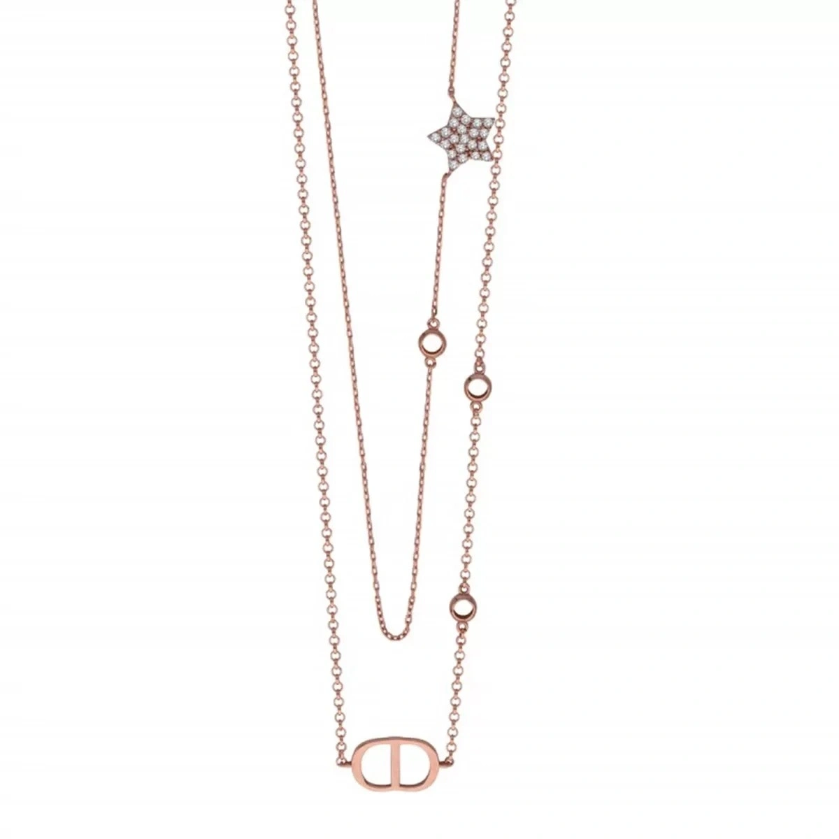 Çift Sıra Taşlı Yıldızlı ve Asimetrik Dior Model Gümüş Kolye