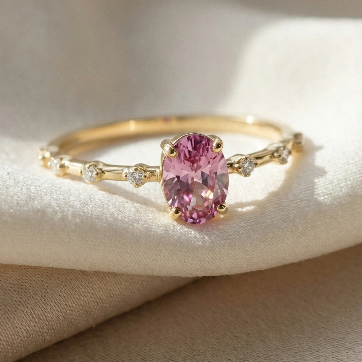 Kuvars Pembesi Oval Taşlı Pırlanta Yüzük