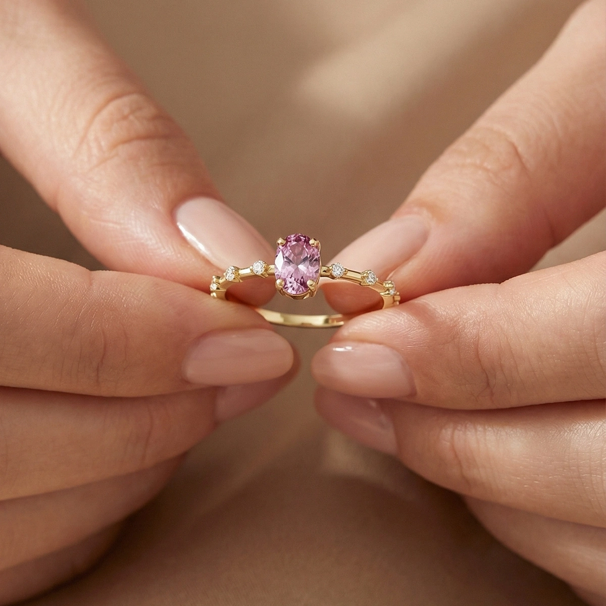 Kuvars Pembesi Oval Taşlı Pırlanta Yüzük