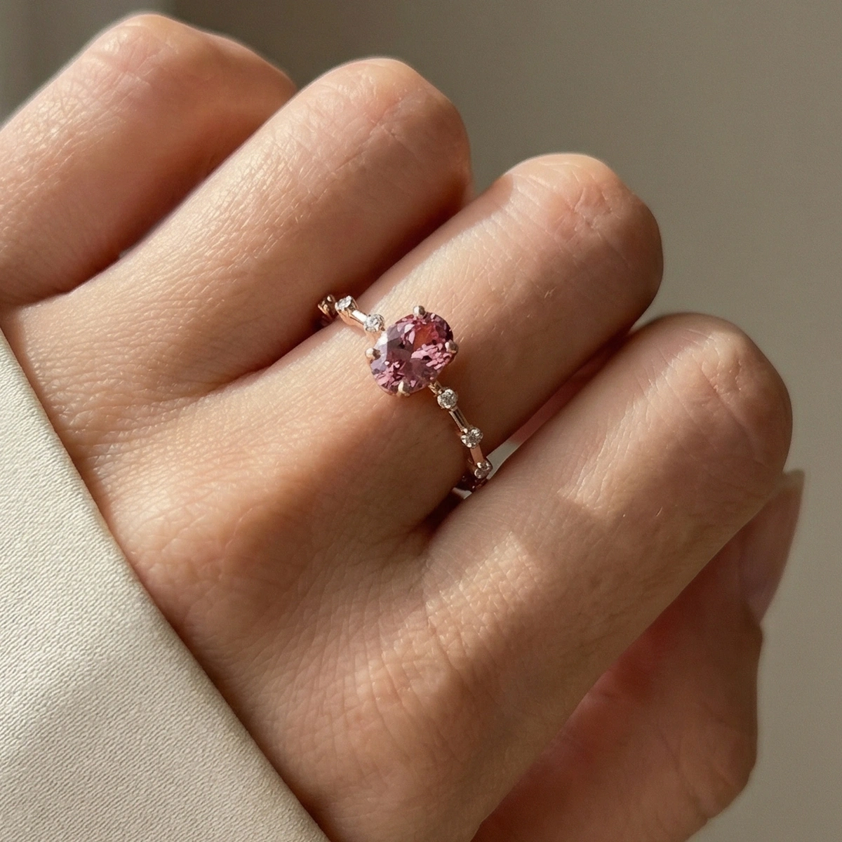 Kuvars Pembesi Oval Taşlı Pırlanta Yüzük