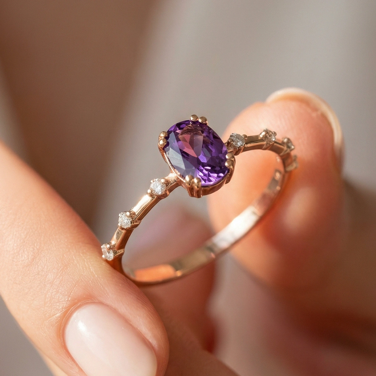 Ametist Moru Oval Taşlı Pırlanta Yüzük