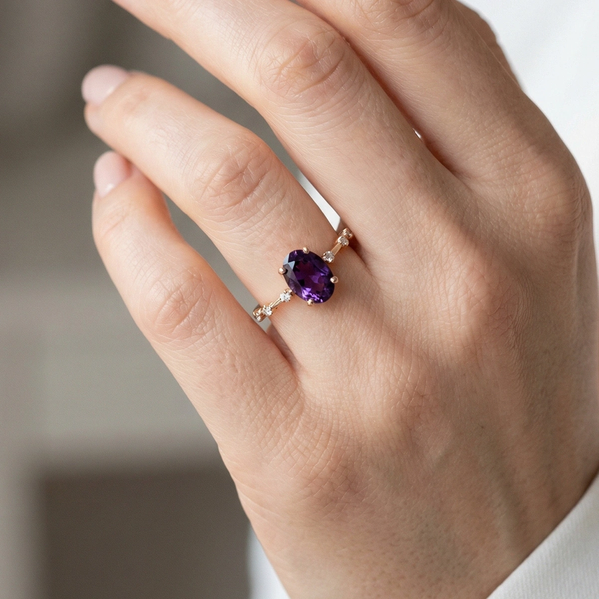 Ametist Moru Oval Taşlı Pırlanta Yüzük