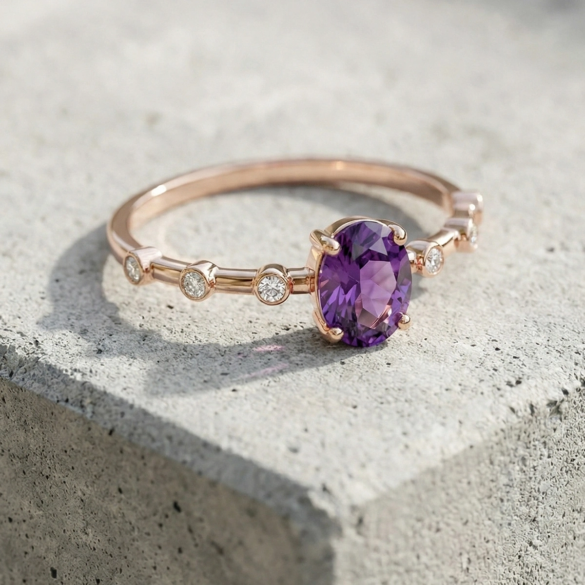 Ametist Moru Oval Taşlı Pırlanta Yüzük