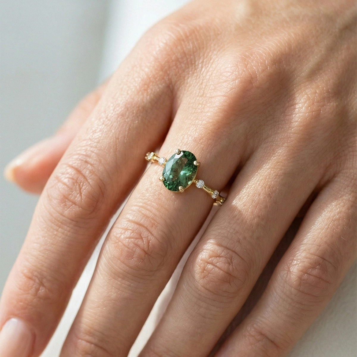 Yeşil Oval Taşlı Pırlanta Yüzük