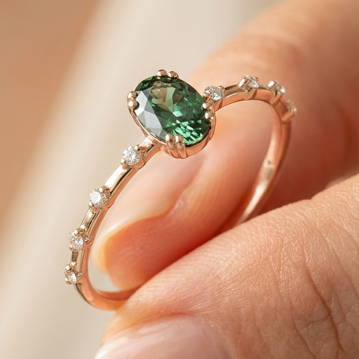 Yeşil Oval Taşlı Pırlanta Yüzük