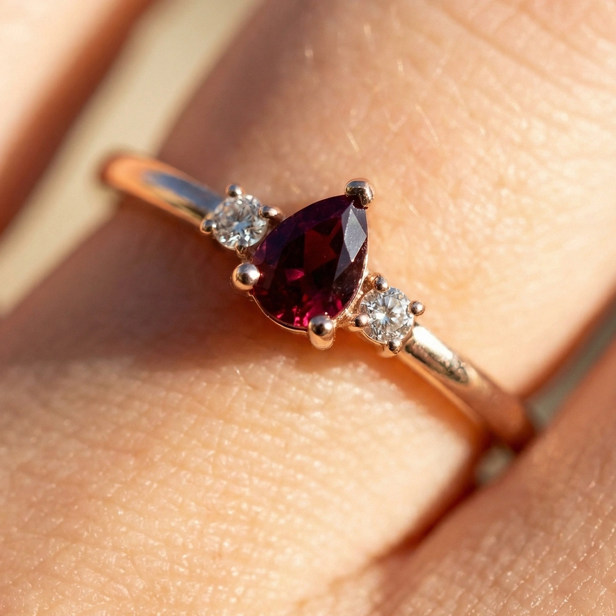 Minimal Yakut Kırmızısı Damla Taşlı Pırlanta Yüzük