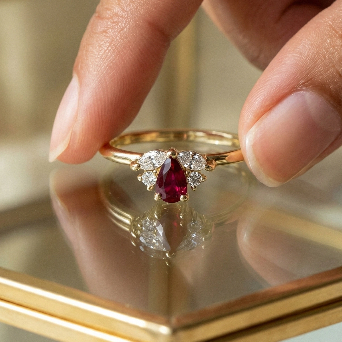 Yakut Kırmızısı Damla Taşlı Markiz Pırlanta Yüzük