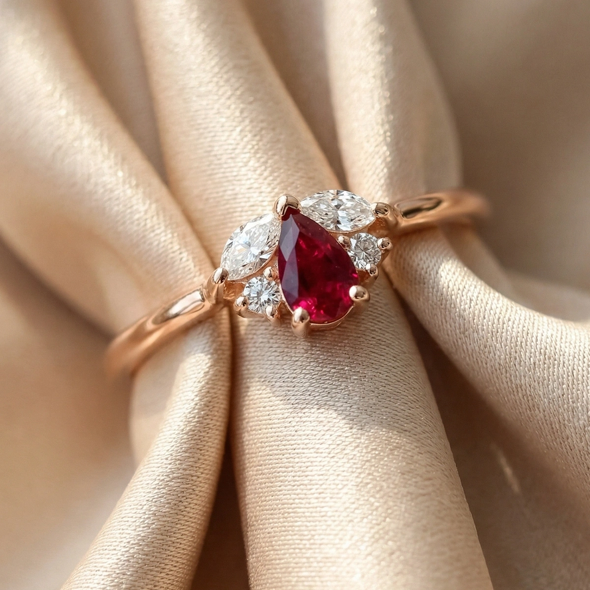 Yakut Kırmızısı Damla Taşlı Markiz Pırlanta Yüzük