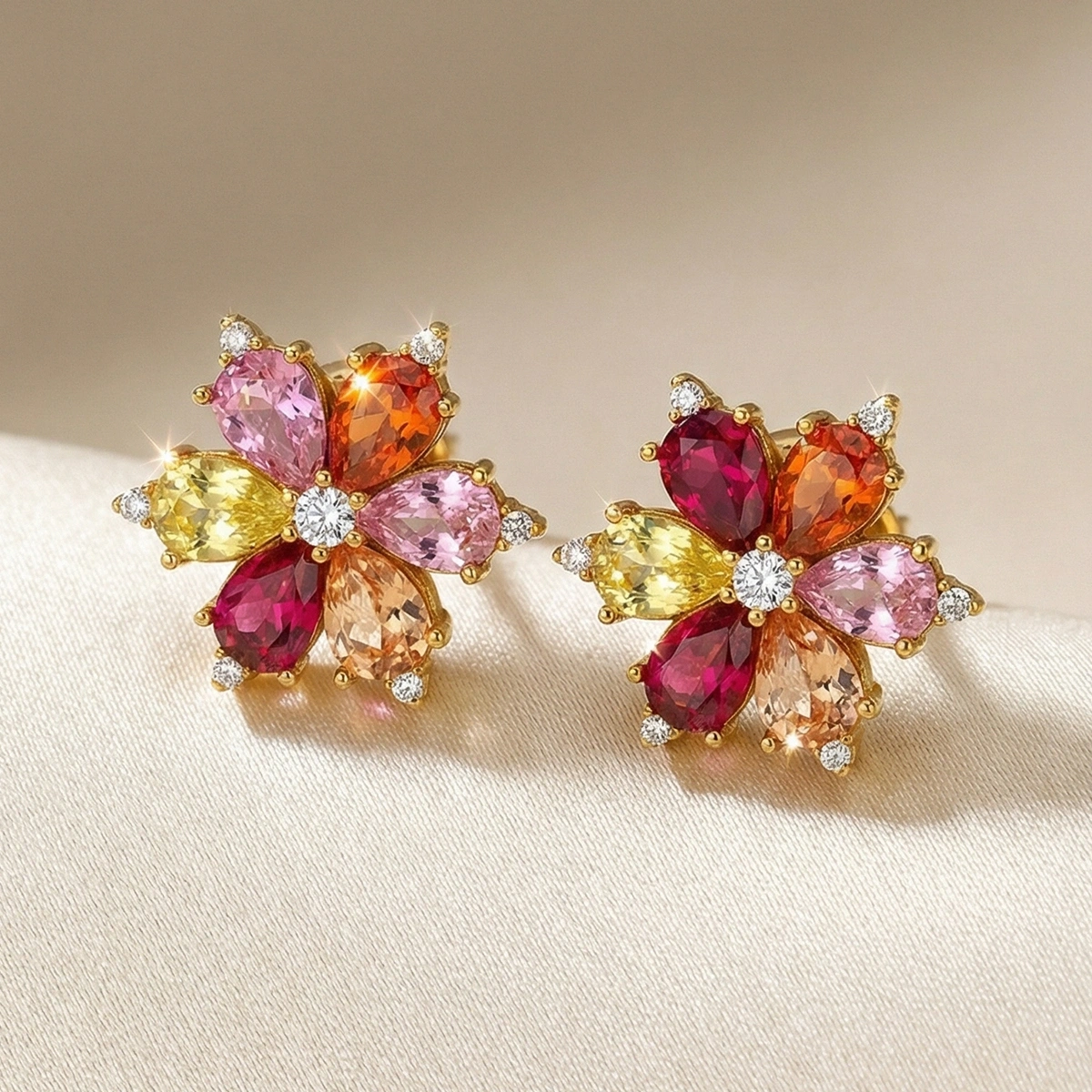 Renkli Taşlı Modern Çiçek Formlu Gümüş Küpe