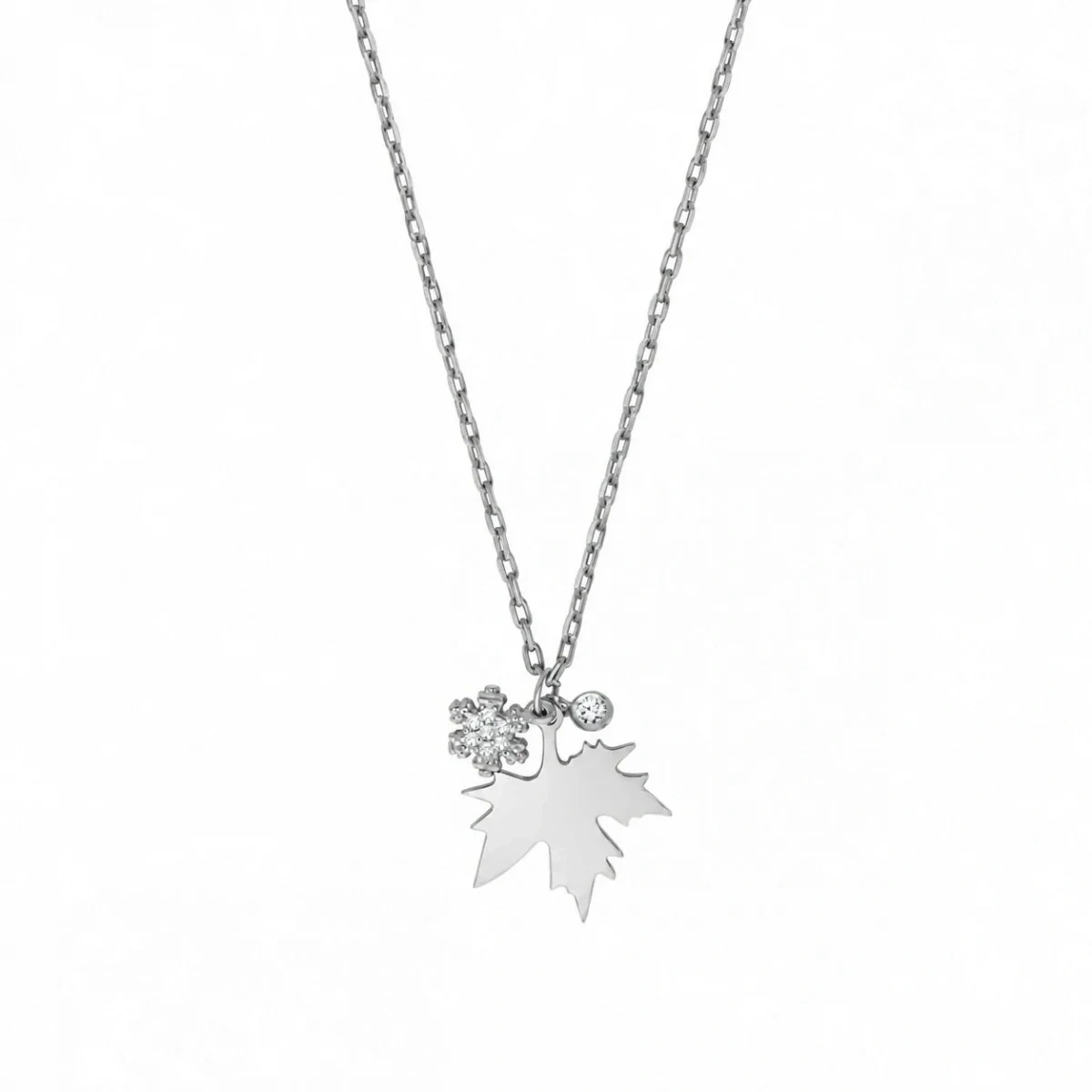 Modern Silver Necklace with Plane Tree Leaf and Stone Snowflake