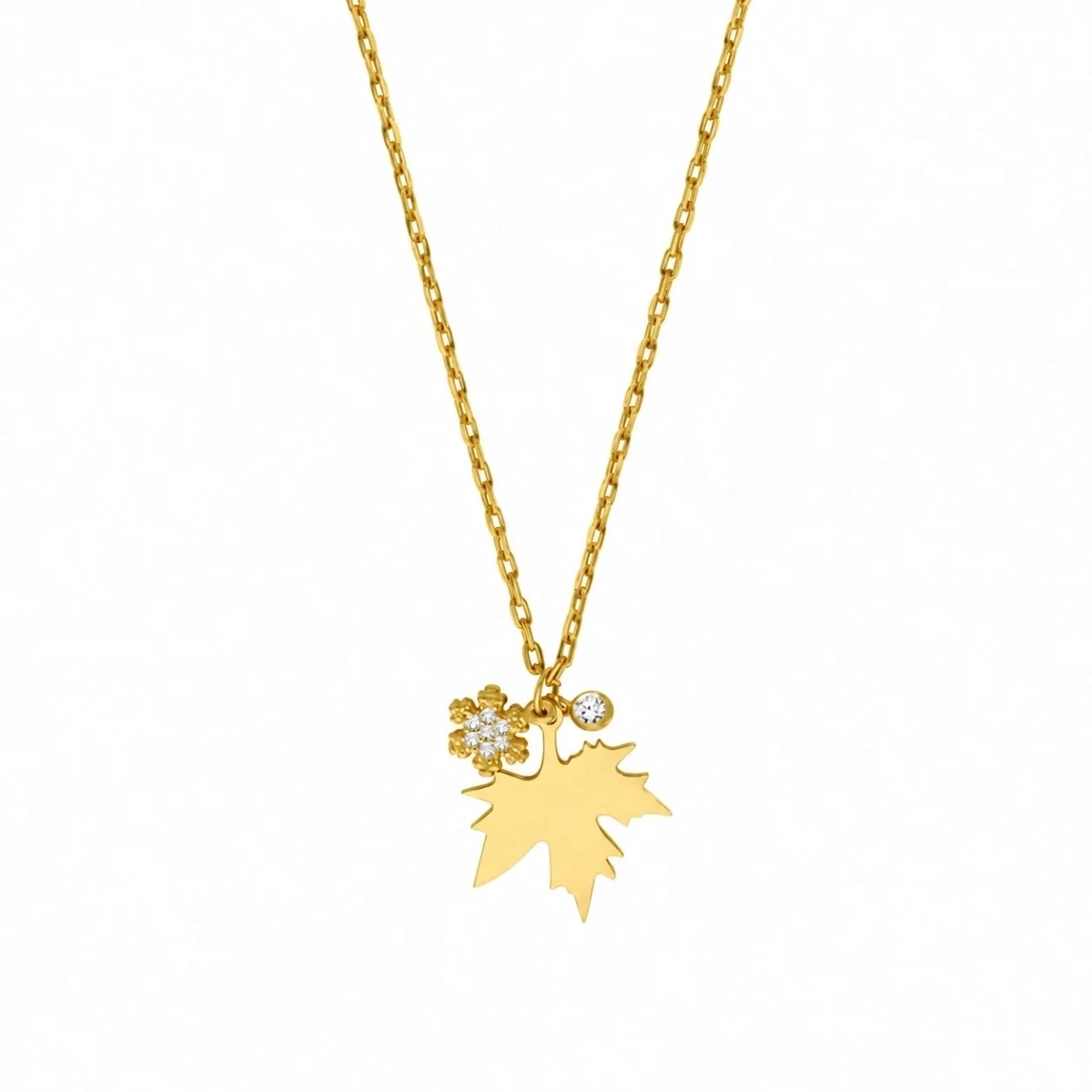 Modern Silver Necklace with Plane Tree Leaf and Stone Snowflake
